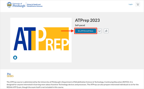"Image depicting the Enroll Now button in Pitt Professional Catalog"